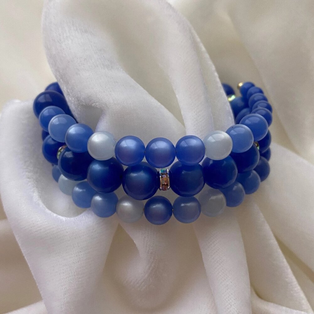 Vintage Blue Lucite Bead and Rhinestone Wrap Bracelet